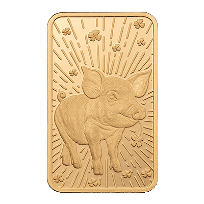 A picture of a 5 gram PAMP Lucky Pig Gold Bar